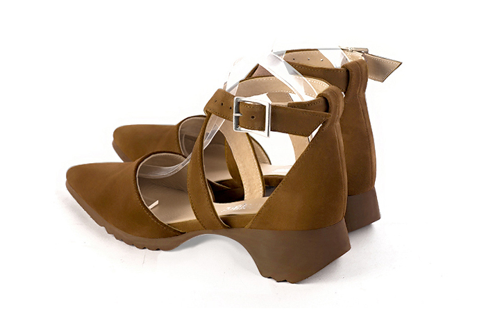 Dress heels closed-back crossed straps in caramel brown leather with  and  - Rear view